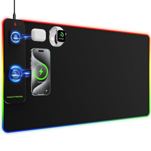 Image of HAUTOCO Wireless Charging Mouse Pad, RGB Large Gaming Desk Mat | 31.5 inchx15.75 inch Desk Pad, 15W Fast Charge, 15 RGB Modes, Smooth Surface, Waterproof, Non-Slip Base, Gaming & Office