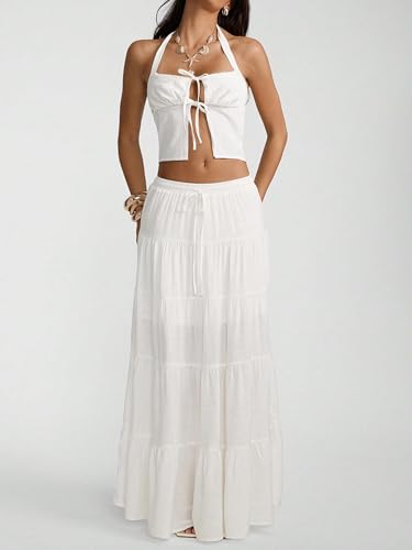 Image of Women's Boho Maxi Skirt Ruffle Flowy Low Rise A Line Beach Long Skirts | Flared Ruffle, Elastic Waist, Summer Vacation Skirts