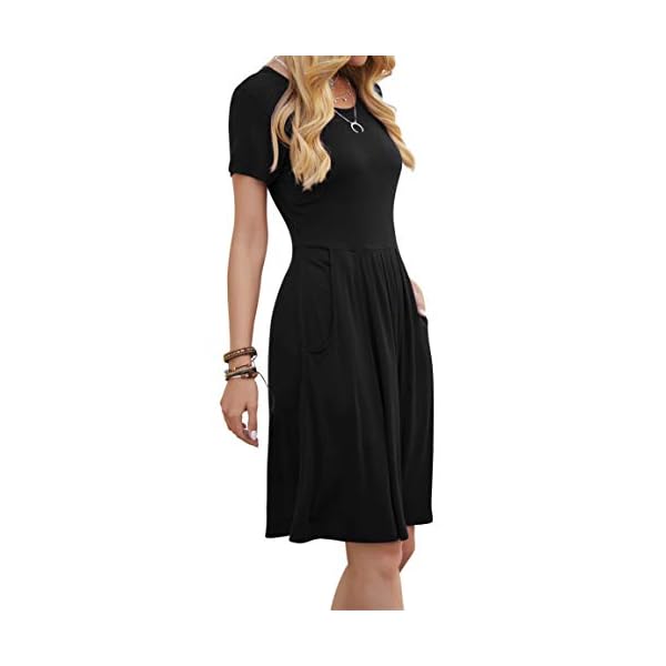 DouBCQ Women's Casual Short Sleeve Flowy Pleated Loose Dresses with Pockets (Black, L)
