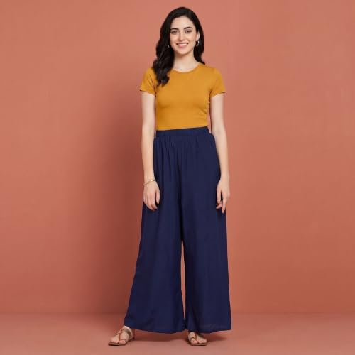 Image of FASHION GALLERY Women's Solid Rayon Palazzo Pants | Relaxed Fit Full Length Wide Leg Palazzo | Elastic Waist Comfortable Casual Lounge Office Ethnic Flared Trousers for Women