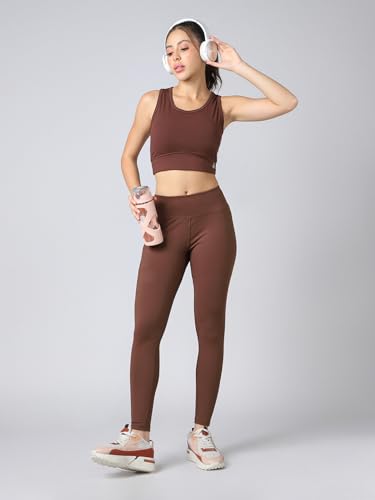 Image of TECHNOSPORT Women's Solid Slim Fit ELASTOPLUS Tights High Waist Polyester Gym Leggings for Yoga Running Workout UPF50+ Anti Odour
