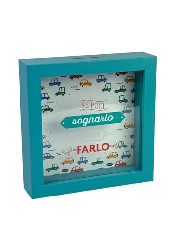Salvadanaio Decorativo in Legno, 16x16 cm, Design Auto Vintage, Cornice Turchese con Scritta Italiana