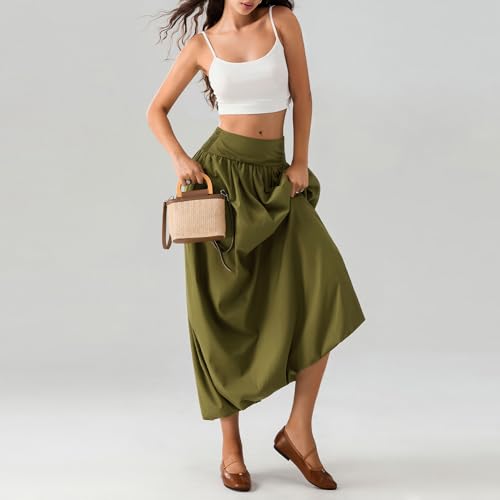 NUFIWI Women Y2k Bubble Maxi Skirt Low Elastic Waist A Line Long Skirt Summer Casual Ruffle Pleated Midi Dress, A Green Maxi, M - Image 6