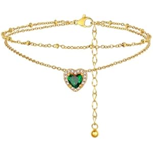 FindChic Bling Heart Birthstone Anklets Layered Beaded Ankle Bracelets for Women Gold/Black/Silver 12 Month Gem Colors Foot Chain Summer Jewelry for Girls, with Gift Box Gold 05. MayCreated