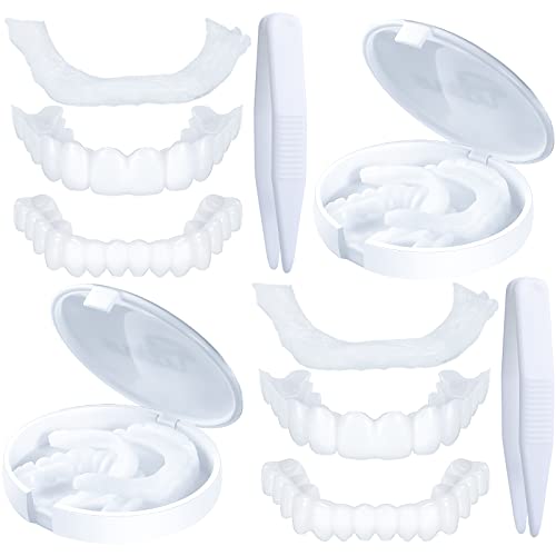 2 Set Fake Teeth Temporary Denture Teeth Veneer Snap in Teeth Confidence Smile Dentures Veneers Fake White Teeth with 2 Pieces Mini Tweezers for Men and Women Bad Teeth Whitening Alternative