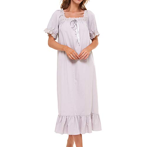 Image of Lu's Chic Women's Victorian Nightgown Cotton Sleepwear Long Loungewear Short Sleeve Vintage