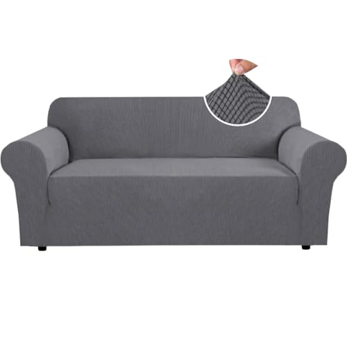H.VERSAILTEX Stretch Sofa Covers for 3 Cushion Couch Covers Sofa Slipcovers for Living Room Feature Thick Checked Jacquard Fabric with Elastic Bottom, Sofa Large – Grey