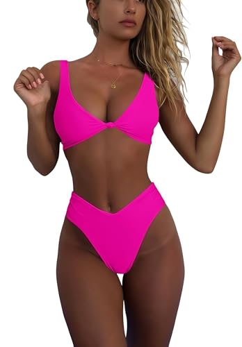 Image of geluboao Bikini Set for Women Solid V Neck Knot Front Push Up High Leg Thong Two Piece Swimsuit