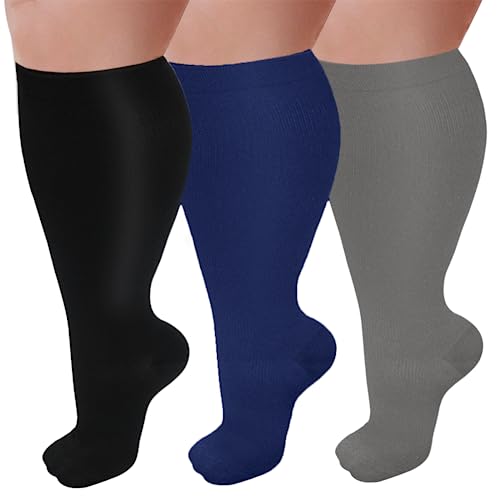 Image of 3 Pairs Plus Size Compression Socks for Women and Men Wide Calf 20-30mmhg Extra Large Knee High Support for Circulation