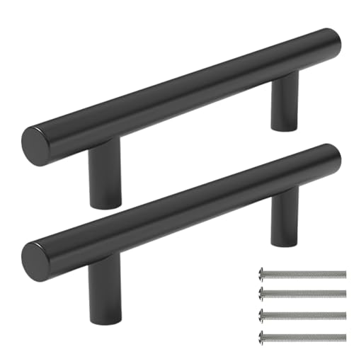 2 Pack Matte Black Stainless Steel Kitchen Handles for Cupboards Cabinets Furniture Drawers Wardrobe Door - T Bar Pulls 96mm Hole Centre with Screws Easy Installation