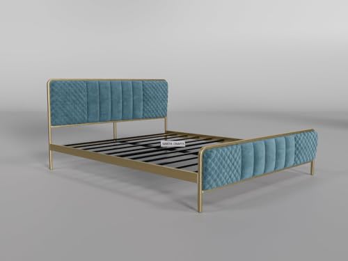 Image of Modern Upholstered Double Size Bed for Bedroom | Metal Double Bed | Platform Cot Bed with Upholstery Premium Fabric | 6.5 x 4 Ft | Powder Coated Metal Beds | Turquise