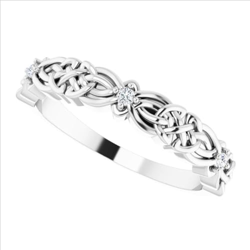 925 Sterling Silver White Gold Finish Vintage 0.10 Ct Round Cut White Diamond Celtic Knot Trinity Design Wedding Eternity Stacking Band Ring for Women4
