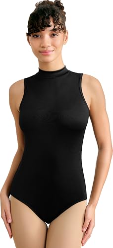 Mulnall Black Leotard Sleeveless for Women,Mock Neck Basic Bodysuit,Full Front Lining,Back Zipper(236127-06-XL)