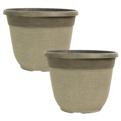 Fyne-Finds Set of 2 30cm 12inch Plastic Grey Plant Pots Weatherproof Garden Outdoor 11L Crackle Patio Drainage Hole Concrete look Planters