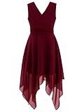Freebily Enfant Fille Robe de Soirée Cocktail Taille Froncée Double Col en V Asymétrique Robe de Danse Ballet Fille Princesse Robe Bustier en Mousseline Doublure Satin Rouge vin 6 Ans