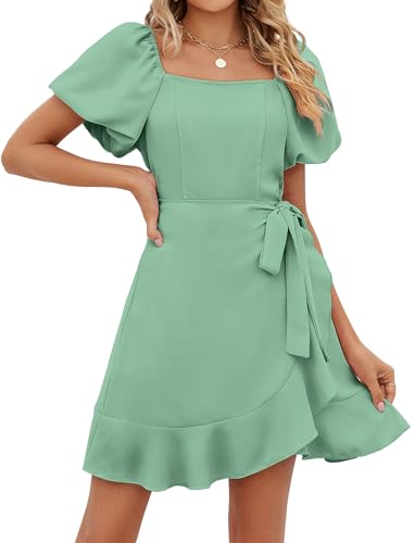 Image of Sampeel Womens Summer Dresses Square Neck Puff Sleeve Tie Waist Short Dress