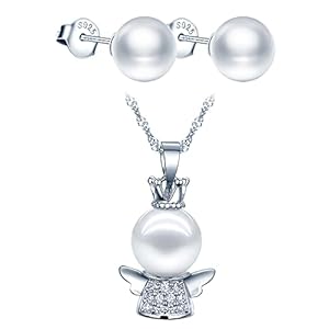 Yumilok Collier perle femme fille, boucles d’oreilles perle femme fille, ensemble de bijoux de perle, collier boucle d’oreille en argent 925, collier de petit ange mignon, zircon incrusté, blanc