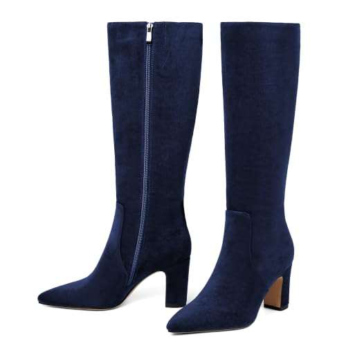 Image of VIUGJNEX Knee High Boots Pointed Toe Chunky Heel Tall Boots for Women