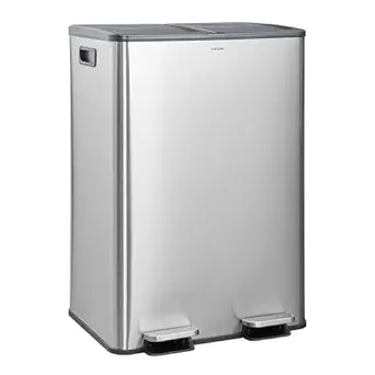 Kitchen Waste Bin 60 L – 2 x 30 Litre, Double Compartments 2 x 30 L, Brushed Stainless Steel, Rectangular Recycling Bin with Pedals, Anti-Smell, French Company