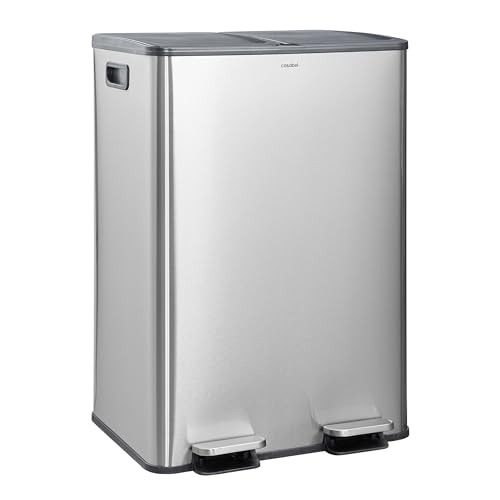 Kitchen Waste Bin 60 L – 2 x 30 Litre, Double Compartments 2 x 30 L, Brushed Stainless Steel, Rectangular Recycling Bin with Pedals, Anti-Smell, French Company