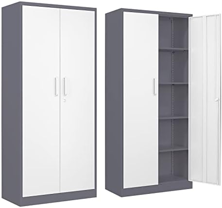 Yizosh Metal Garage Storage Cabinet with 2 Doors and 4 Adjustable Shelves - 71" Steel Lockable File Cabinet,Locking Tool Cabinets for Office,Home,Garage,Gym,School (Gray White)