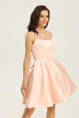 Image of Homecoming Dresses for Teens Knee Length Spaghetti Strap with Pockets Satin Backless Prom Dress