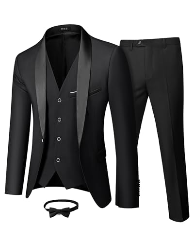 MY'S Mens 3 Piece Tuxedo Set with Bow Tie, Shawl Lapel One Button Jacket Vest & Pants, Slim Fit Suit Prom Party Wedding Tux