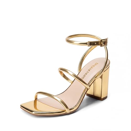DREAM PAIRS Women Heels Chunky Square Open Toe Strappy Ankle Strap Block High Heeled Sandals for Dressy Wedding Comfortable Shoes Size 8 Gold-Pat DWUMHS2529