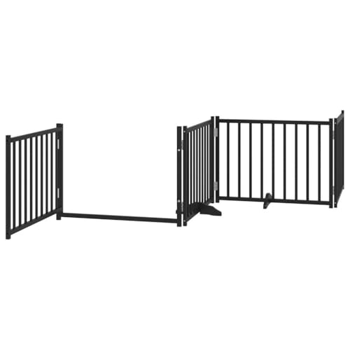 vidaXL Hundetor 6-TLG., Hundegitter Faltbar mit Tür Stützbeine, Schutzgitter für Wohnzimmer Küche Treppe, Haustiertor Türschutzgitter, Schwarz Massivholz Tanne