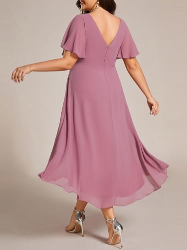 Image of Ever-Pretty Plus Summer Short Sleeves V-Neck Formal Wedding Guest Dresses for Curvy Women Chiffon Midi Cocktail Party Dress
