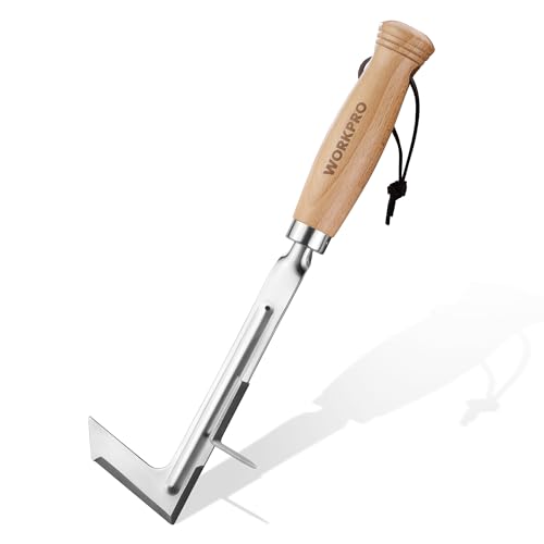 WORKPRO Crack Weeder, 12" Stainless Steel Crevice Weeding Tool with Beech Wood Handle, L-Shaped Side-Walk Weed Puller Spatula, for Garden Lawn Yard Pa