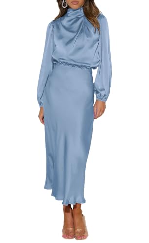 Womens Mock Neck Satin Maxi Dress Long Sleeve Formal Party Cocktail Wedding Guest Dresses (Light Blue,L)