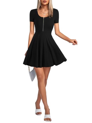 Image of KIFOVEN Women's Skater Dress Short Sleeve Zipper Ruffle Hem Flowy A Line Summer Short Mini Dress