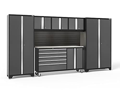 NewAge Products Bold Series Gray 6-Piece Cabinet System, Steel Garage Storage Cabinets, Stainless Steel Worktop with Slatwall & LED Lights, 40427