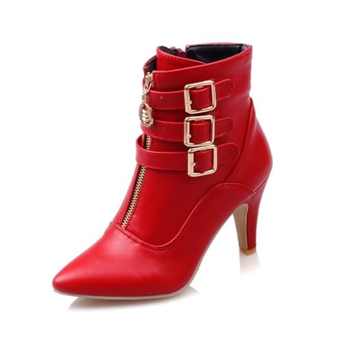 Women's Leather Buckle-Strap Ankle Boots Fashion Pointed Toe Side Zipper