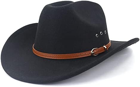 GRNUS Mens Felt Western Cowboy Hat Fedora Outdoor Wide Brim Cowgirl Hat for Women (Brown Belt Black)
