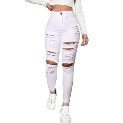 Cqinnifu High Waisted White Ripped Jeans for Women Stretch Butt Lifting Distressed Jean Skinny Jeggings