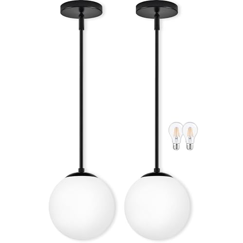 Bagood 8" Globe Pendant Light Black 2 Pack Mid Century Pendant Light Globe Pendant Lights Kitchen Island Matte Black Finished with Milk Glass Adjustable Ceiling Light Fixtures for Dining Room Bar