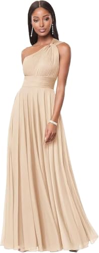deamify Women's Champagne Simple A Line Bridesmaid Dresses for Teens One Shoulder Corset Formal Dresses with Pockets Empire Waist Evening Gown 16