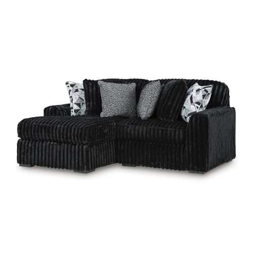 Image of Signature Design by Ashley 2-Piece Sectional Sofa with Chaise, Black | 100% polyester jumbo corduroy, Engineered wood frame, Platform foundation system, Living room use, Midnight-Madness Series
