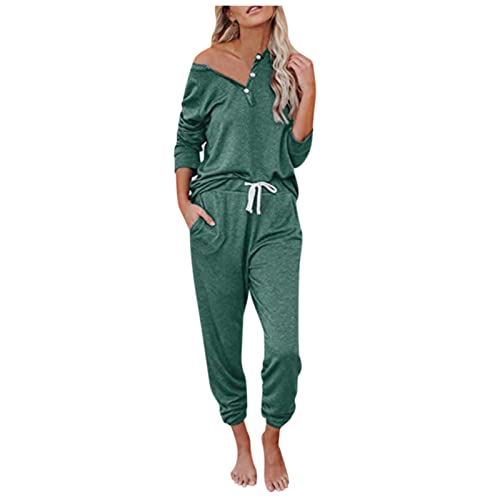 Generisch Traje de mujer de dos piezas de algodón con botones prácticos bolsillos como atuendo informal para correr, verde, L