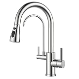 FORIOUS Kitchen Tap, 3 Way Kitchen Tap, 360° Swivel High Arc Dual Handle Water Filter Faucet with Pull Out Soray, Stainless Steel