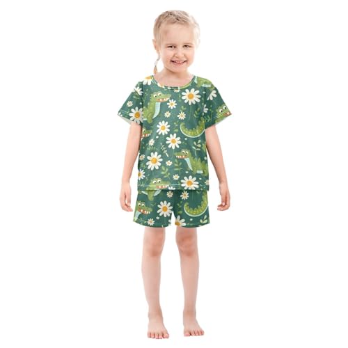 ALAZA Crocodile Daisy Flower Green Pajamas Short Sleeve 2 Piece Sleepwear Top and Bottom Pajama Set Unisex3