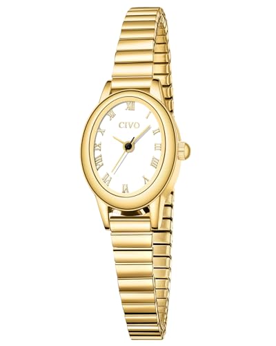 CIVO Vintage Montre Femme Petit: Boîtier Ovale Cadran Romain Analogique avec Bande d'extension - Montre Habillée Femme en Or pour Cadeaux d'anniversaire...