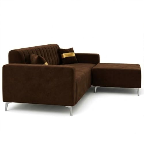 Image of FURNY Regan 4 Seater L Shape Sofa Set with Movable Ottoman | Flexible Left or Right Layout | Plush Velvet Fabric (Dark Brown) | Perfect for Living Room, Guest Room & Office