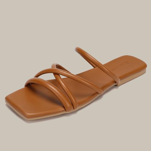Image of Women's Flat Sandals Strappy Square Open Toe Slide Sandals Dressy Comfortable Wide Feet Friendly