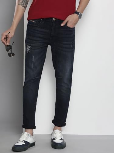Image of The Indian Garage Co Men Carrot Fit Solid Mid-Rise Stretchable Jeans