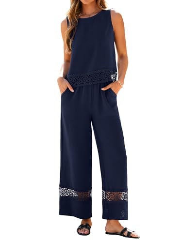 Glamaker Summer Pants Sets Womens 2 Piece Outfits Sleeveless Crop Top Round Neck Lace Wide Leg Beach...