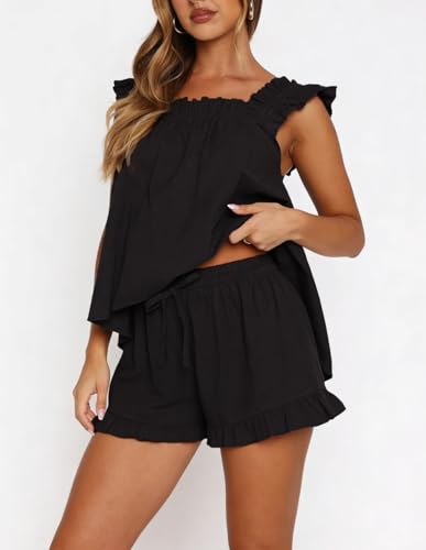 Image of ROAONOCOMO Women Floral Pajama Set Ruffle Babydoll Cami Top Coquette Pj Set Gingham 2 Piece Shorts Outfit Bridal Loungewear