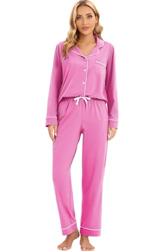 Image of LUBOT 100% Cotton Pajamas for Women Pajama Set Soft 2 Piece Sleepwear PJ Set Long Sleeve Knit Button Cozy Loungewear XS-XXL